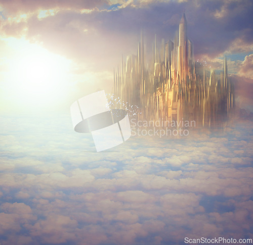 Image of Heaven, clouds and castle with light for fantasy, creative imagination and surreal with birds, sky and sunlight. Mystical, mansion and architecture for holy paradise, religion and spiritual palace