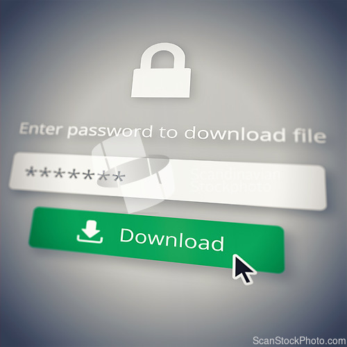Image of Cybersecurity, download and password with icon on screen to select or click button symbol for access. Computer, code or data protection with cursor on display for file or information sharing online