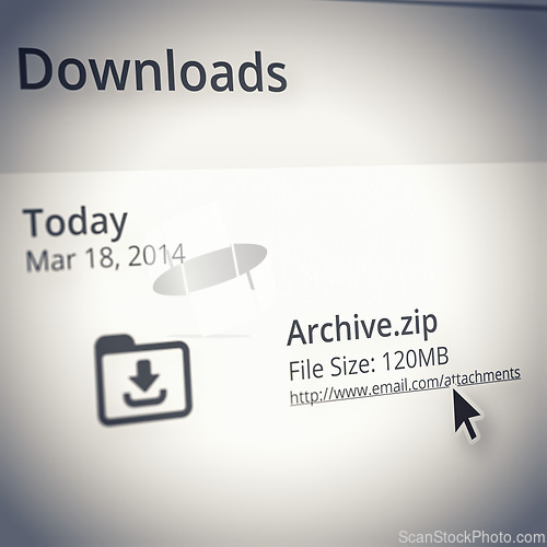 Image of Webpage, downloads and archive zip for digital or internet content and email attachment of information research. File storage, delivery or online archives with pointer or cursor or technology to save