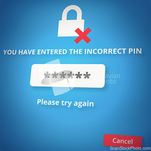 Image of Login, password or wrong pin on internet on website, ecommerce or technology abstract for cyber security. Incorrect data, closeup or confidential information or firewall to signup to digital platform