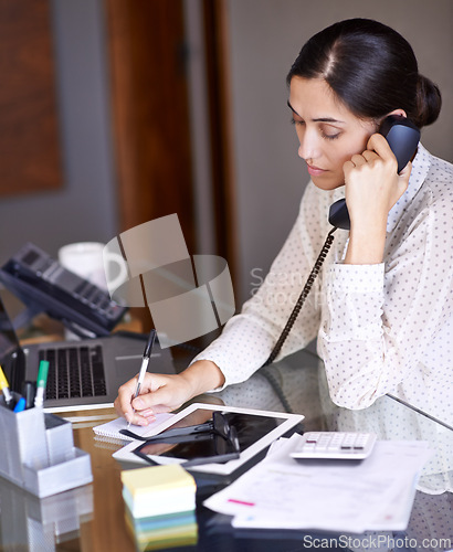 Image of Woman, desk and laptop with telephone, call and notes for booking with communication and work. Secretary, workspace and notepad for schedule, planning and solution for small business or startup