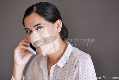 Image of Businesswomen, smile and portrait on phone call, office and corporate worker. Happy, cellphone and professional for female financial manager, online meetings and technology for digital communication