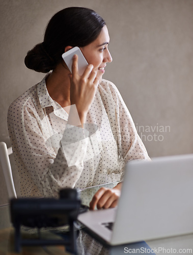 Image of Business, woman and phone call in office for conversation on work, communication and speaking for networking. Female person, talking and discussion on startup company with laptop for research.