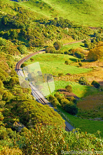 Image of Aerial view, road or landscape for countryside travel, holiday and vacation in New Zealand or nature. Background, green or street for journey, tourism or outdoor adventure with woods, trees or path