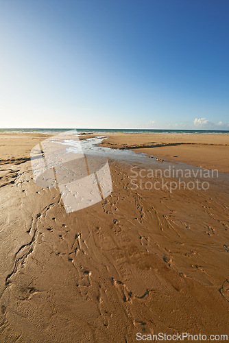 Image of Beach, sand and water from river, ocean and scenic landscape in natural environment. Fresh water, estuary and lagoon in Denmark, holiday or summer vacation and rural outdoor conservation area