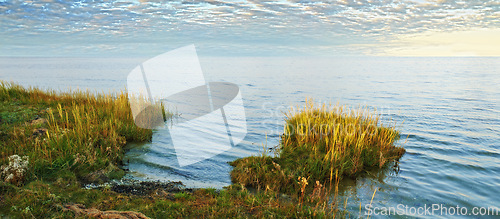 Image of Lake, grass and coast with landscape, sky and horizon in environment with sunshine in Jutland. Water, sea or field with clouds, sustainability or ecology for earth in summer at countryside in Denmark