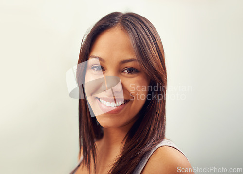 Image of Portrait, woman and smile for skincare, dental care and beauty in studio on white background. Happy, gen z and female student for healthy teeth, flawless skin and glow of natural makeup aesthetic