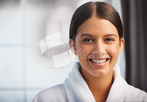 Image of Salon, portrait and woman with smile in robe for skincare, beauty or luxury massage at spa. Happy, wellness and face with happiness at hotel for self care, treatment or cosmetic service on mockup