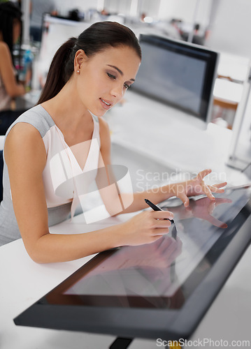 Image of Woman, touch screen or digital pen in graphic design, art or creation of nft media project in office. Female person, designer and monitor on creative software for rendering of illustration or artwork