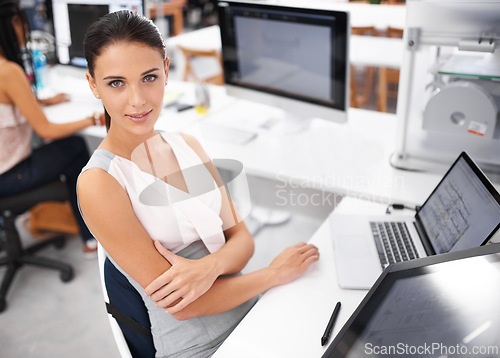 Image of Woman, portrait or graphic designer with arms crossed, technology or media project in office. Female person, workspace or modern desktop monitor on creative software for startup, online or business