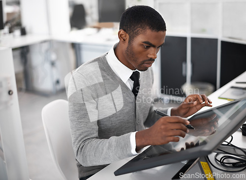 Image of Tablet, drawing and young man architect in office for creative project for sketch. Serious, industry and African designer working on digital blueprint or illustration with technology in workplace.