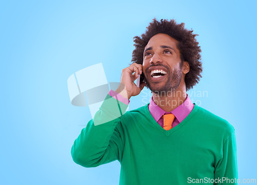 Image of African man, phone call and afro with smile, businessman and thinking on studio background. Cellphone, laughing and talking with mockup space, professional and vibrant style for happy male person