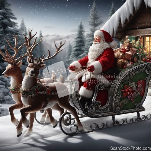 Image of santa claus on a sleigh with reindeer 