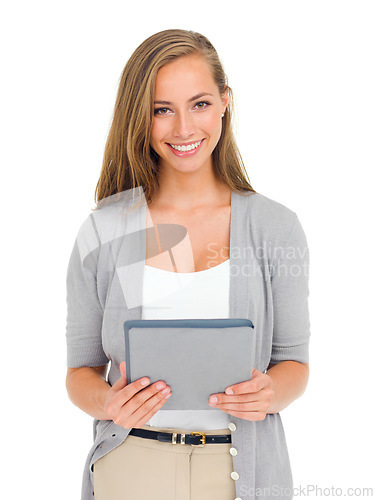 Image of Woman, smile and portrait for tablet, fashion and studio for scrolling and digital online for design. Female person, white background and happy for browsing, technology and social media network