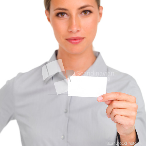 Image of Woman, confident and studio with blank card for business marketing, contact and company logo on white background. Portrait, female person and entrepreneur with focus for display, details and work.