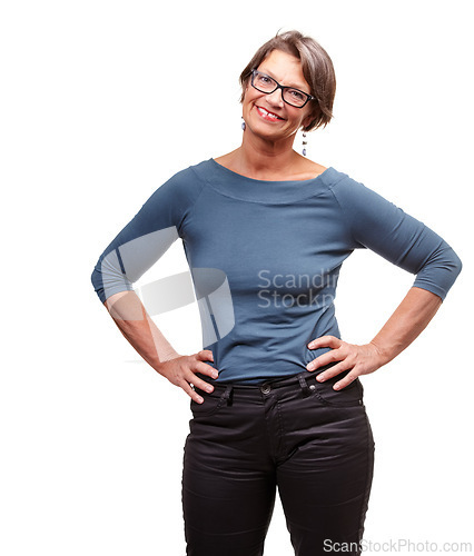 Image of Mature woman, fashion and studio with smile for confidence in clothes, style and trends on white background. Glasses, female person and satisfied with color in happiness, isolated with casual look