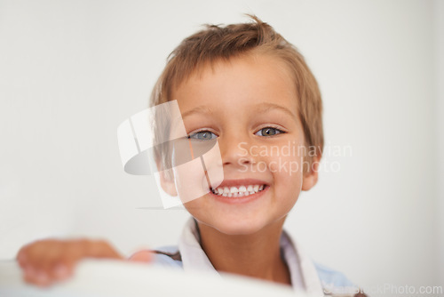 Image of Portrait, happy and healthy boy for dental care in home, oral hygiene and growth or development of milk teeth. Child, strong and face for white smile or clean mouth and good habits for fresh breath