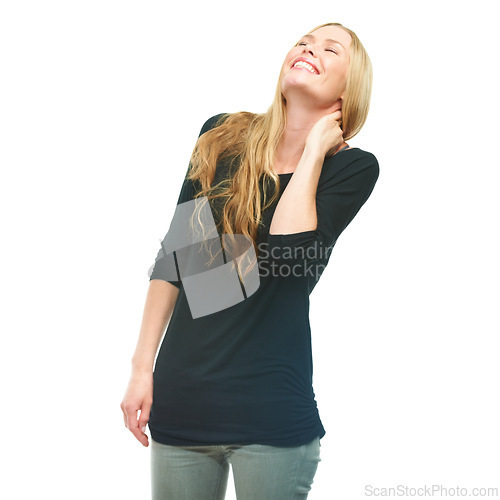 Image of Happy woman, smile and laughing for fashion, style and casual clothes isolated on white background. British female person, model and face for funny joke, edgy outfits and trendy wardrobe in studio