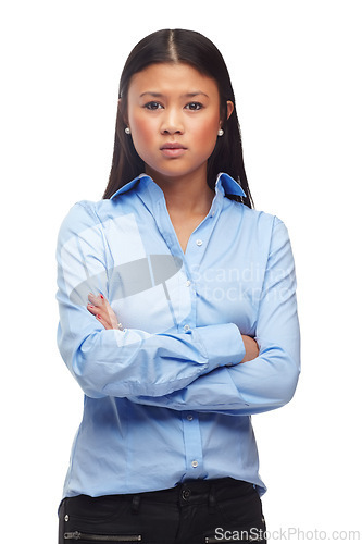 Image of Portrait, frustrated or asian woman with arms crossed in studio for poor feedback, results or review on white background. Angry, face or female model posing with bad mood, attitude or moody behaviour