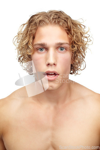 Image of Man, portrait and closeup for hair care, treatment and styling isolated in studio. Male person, model or face with shock, wow or surprise on white background for growth, shampoo or blonde hairstyle