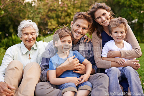 Image of Family, outdoor and portrait for holiday, vacation and backyard with children and smile with love. Mom, dad and grandma with kids, nature and trees for memories, elderly and joy together in bonding