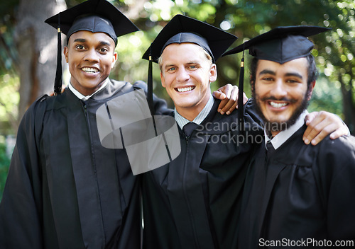 Image of Happy, men and school portrait at graduation with celebration, friends and graduate group outdoor with a smile. Class, support and education event on campus with diversity and college degree