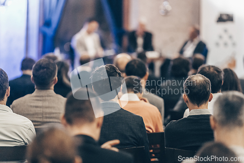Image of Round table discussion at business conference meeting event.. Audience at the conference hall. Business and entrepreneurship symposium.