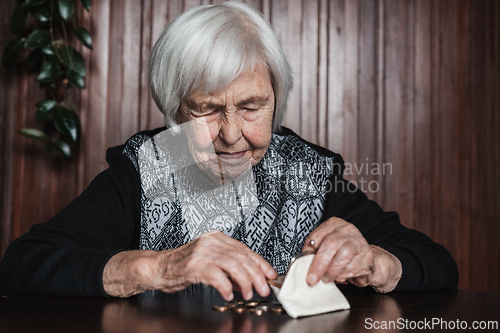 Image of Portrait of an old woman counting money. The concept of old age, poverty, austerity.