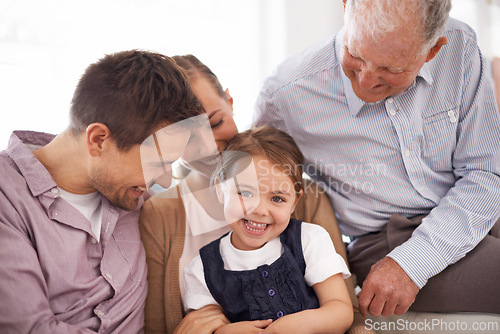 Image of Parents, grandfather and child with portrait on sofa for healthy development, security or comfort in apartment. Family, men and woman with girl kid, smile and bonding for parenting and love in house