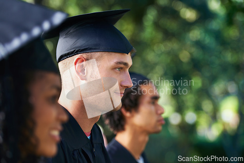 Image of Graduation, university and students in park for learning, studying and knowledge on academy campus. Education, friends and profile of men and woman for celebration, graduate ceremony and college