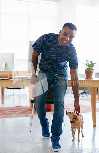 Image of African man, puppy and smile in office for research and planning for business ideas and creativity. Intern or trainee at company or organization for unwind with pet to relax and destress after work