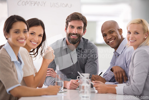 Image of Business people, portrait and company team with smile from collaboration and recruitment. Happy, hiring workforce and professional group in a management meeting with diversity at consultant agency