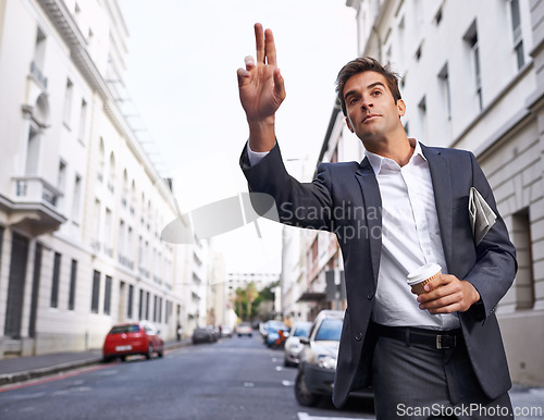 Image of Business travel, man and taxi hand sign in a city street for morning commute, signal or gesture outdoor. Finger, emoji or lawyer with symbol for metro transportation, cab or bus, service or chauffeur
