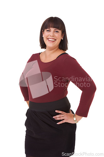 Image of Style, smile and portrait of woman in studio with stylish, casual and trendy outfit and makeup. Happy, confident and plus size female person with classy fashion and cosmetic face by white background.