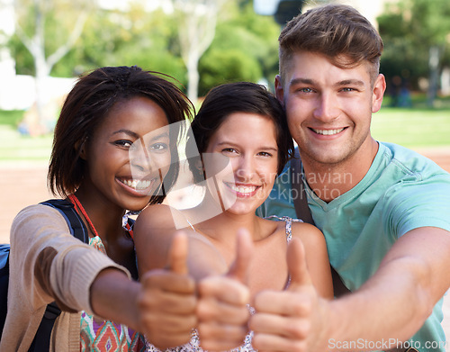 Image of Students, group and thumbs up with diversity in portrait for education at university for learning. Friends, man and women for sign, vote or emoji for agreement, yes or smile for solidarity at college