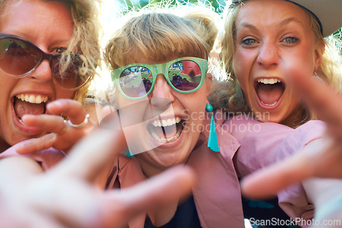 Image of Holiday, nature and face of group of friends, travel and journey with crazy people with funny memory. Vacation, adventure and portrait of women outdoor to relax, bonding and smile with happiness