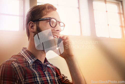 Image of Young man, phone call and vision with glasses in discussion, communication or networking at home. Happy male person or freelancer with smile on mobile smartphone for friendly conversation at house