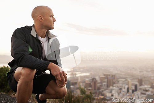 Image of Man, thinking and fitness with vision on mountain by the city for workout or outdoor exercise in nature. Male person or athlete in wonder, thought or dream for training or running on mockup space