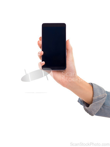 Image of Hand, phone and blank screen in studio, display and mockup space or social media on white background. Person, tech and website or networking for marketing, app and internet or online for advertising