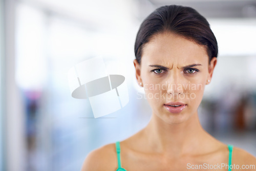 Image of Angry, frustrated and confused portrait of woman with news, announcement or information. Shocked, face and hearing about problem, mistake or fail with disgust or girl frown with serious concern