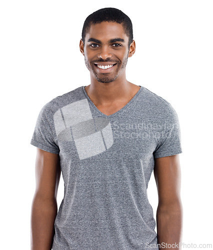 Image of Studio, portrait and of black man with fashion to relax with happiness at university in white background. African, person and smile with casual style, shirt and college student with pride in mockup