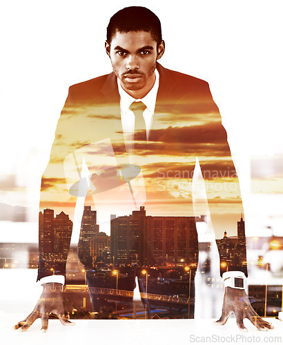 Image of Business, man and double exposure of city or skyline on portrait with power from leadership in white background. Serious, politician and cutout of person with development of African town or project