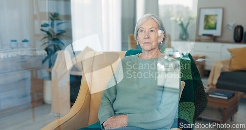Image of Thinking, memory and serious old woman in living room at home on sofa, depression and lonely in retirement. Nostalgia, remember and elderly person with anxiety, dream and vision by apartment window