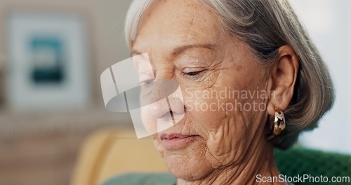 Image of Face, thinking or memory with senior woman on sofa of living room in home to relax for retirement. Peace, wellness or nostalgia with elderly person closeup in apartment for break, rest or time off