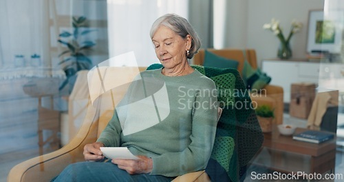 Image of Elderly woman, photograph and retirement in nursing home with memory, relax with history for nostalgia and think about life. Remember, past and old age with pension, retro picture and rest in lounge