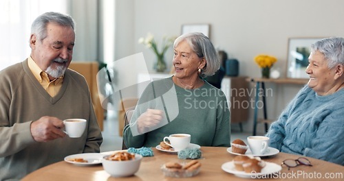 Image of Coffee, conversation and senior friends in living room of nursing home with letter or invitation. Smile, discussion and group of elderly people in retirement drinking cappuccino in lounge at house.