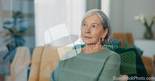 Image of Thinking, face and senior woman on couch with dementia, memory loss and Alzheimer in nursing home. Old age, anxiety and elderly female with depression, reflection and lonely with grief or nostalgic