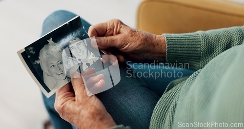 Image of Hands, photograph and elderly person in retirement with memory, relax with history for nostalgia and think about life. Remember, past and old age with pension, retro picture and rest in lounge