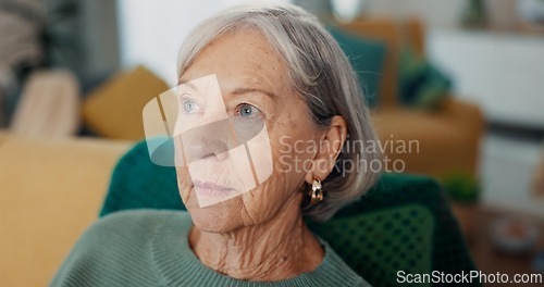 Image of Face, thinking and senior woman on sofa with Alzheimer, memory loss and depression in nursing home. Old age, anxiety and elderly female with nostalgia, living room and mental health in retirement