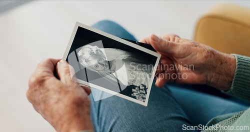 Image of Hands, photograph and old person in retirement with memory, relax with history for nostalgia and think about life. Remember, past and wedding photography with bride, retro picture and rest in lounge